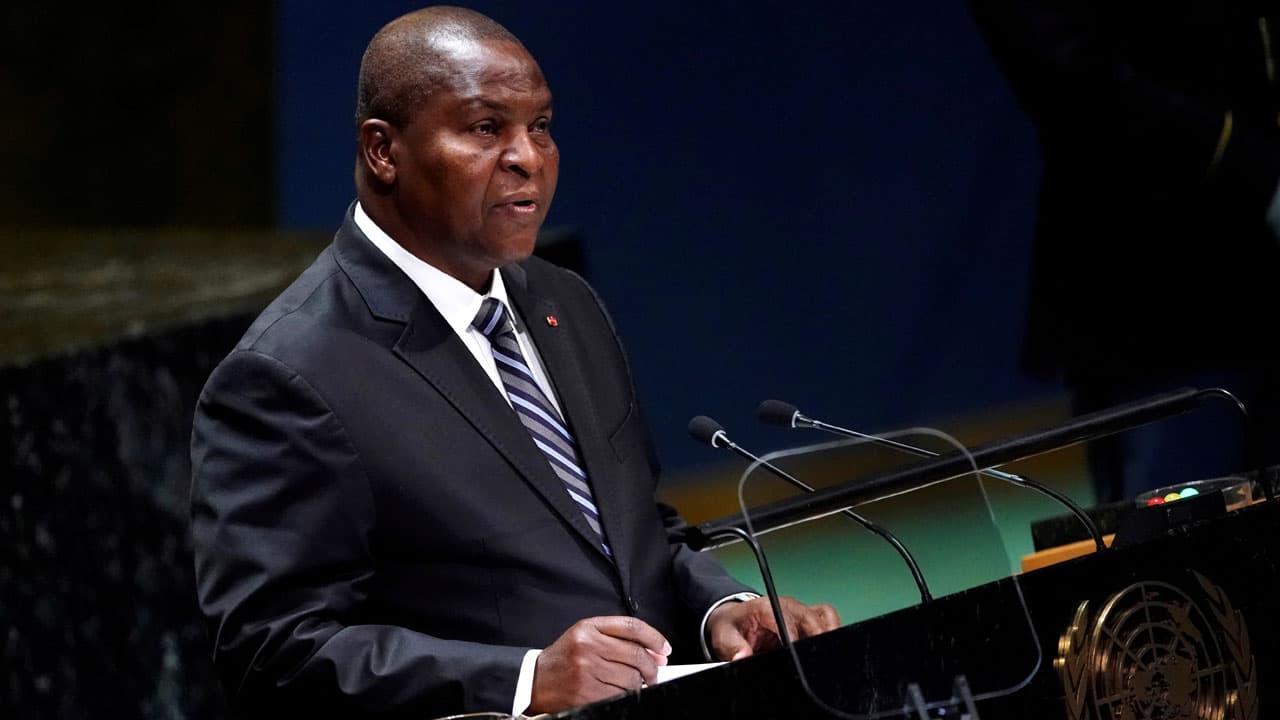 Central African Republic President Faustin-Archange Touadera speaking at a podium at the United Nations